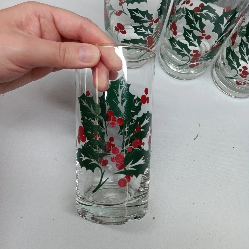 Vintage Holly Berry Glasses Bartlett Collins  Christmas Set of 6 80s 90s Holiday